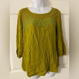 T37a- BODEN Chartreuse Green GEO Embroidered BOHO Top